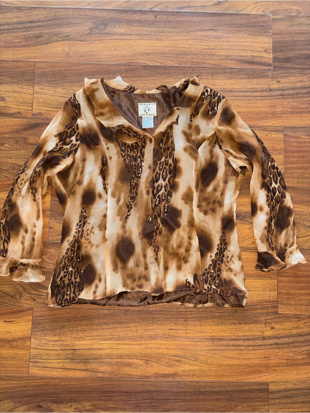 Ice Sheer Silk Brown Animal-Print Button Front Blouse